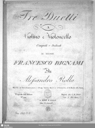 Tre Duetti a Violino e Violoncello