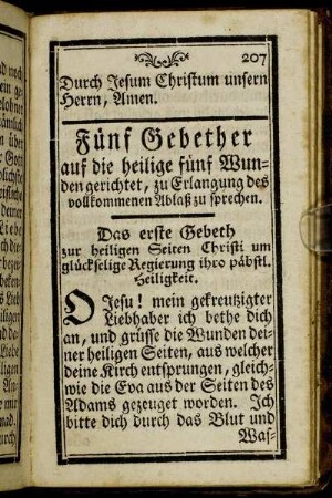 Fünf Gebether auf die heilige fünf Wunden gerichtet, zu Erlangung des vollkommenen Ablaß zu sprechen.