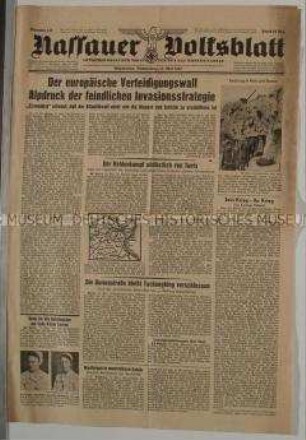 Regionale Tageszeitung "Nassauer Volksblatt" u.a. über den Atlantikwall und den Krieg in Nordafrika