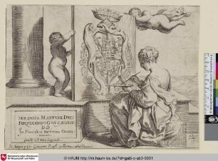 [Frontispice, représentant la Peinture sous la forme d'une femme qui est occupéeà peindre les armes du duc Ferdinand de Gonzague.]