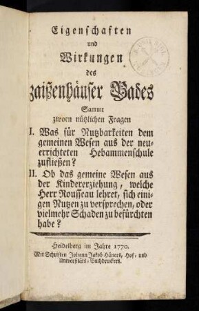 1r-8v, Eigenschaften und Wirkungen des zaißenhäuser Bades samt zwoen nützlichen Fragen