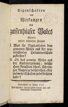 1r-8v, Eigenschaften und Wirkungen des zaißenhäuser Bades samt zwoen nützlichen Fragen