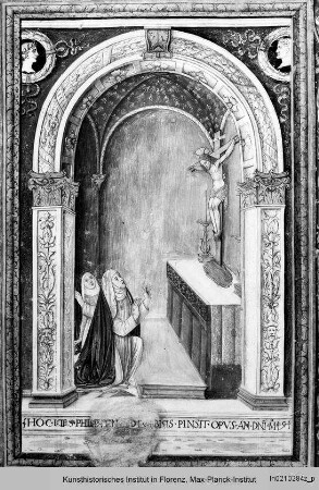 Libro da compagnie laicali: Officia Beatae Mariae Virginis et Defunctorum; Psalmi poenitales et graduales : Zierseite mit breiter Randleistenbordüre, darin Putti, Evangelisten in Medaillons, Miniatur: Extase und Stigmatisation der Katharina v. Siena