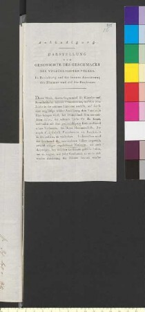 Ankündigung von J. F. von Racknitz' "Darstellung und Geschichte des Geschmacks der vorzüglichsten Völker" (Leipzig 1796).
