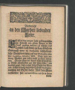 Vorbericht an den Warheit liebenden Leser.