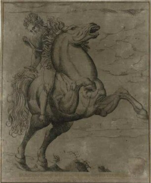 Eine Reiterin auf springendem Pferd (Marcur Curtius; nach einem Clairobscur-Holzschnitt von Niccolò Boldrini nach Pordenone)