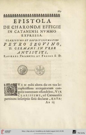 Epistola de charondae effigie in Catanensi nummo expressa