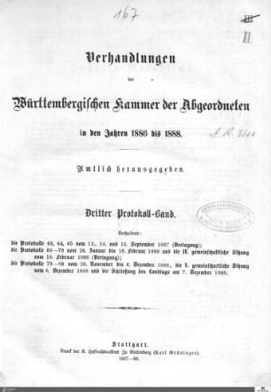 2,64: Landtag Württemberg - Kammer 2, Protokolle 1886-1888, Bd. 3