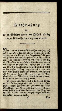 Muthmaßung über die durchsichtigen Körper des Michelii, die bey einigen Blätterschwämmen gefunden werden