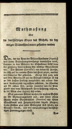 Muthmaßung über die durchsichtigen Körper des Michelii, die bey einigen Blätterschwämmen gefunden werden