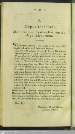 F. Depositenschein über das der Fraternität zuständige Eigenthum