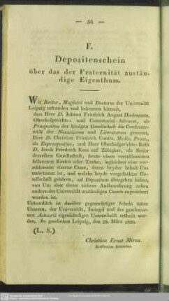 F. Depositenschein über das der Fraternität zuständige Eigenthum