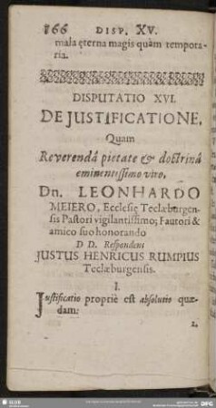 Disputatio XVI. De Justificatione