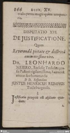 Disputatio XVI. De Justificatione