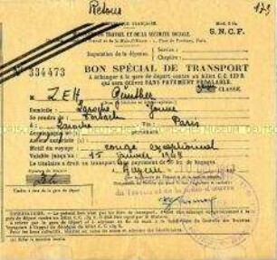 Transportschein von Günther Zeh für den Heimweg aus französischer Kriegsgefangenschaft
