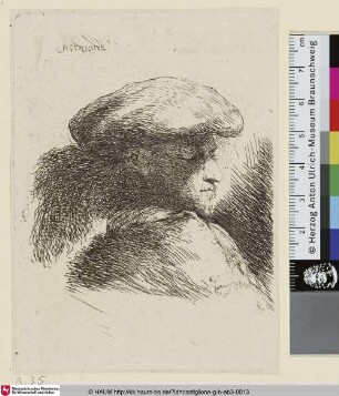 Jeune homme vu presque de profil et tourné vers la droite [Kopf eines jungen Mannes mit Federbarett]