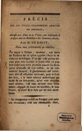 Précis sur les utiles changemens arrivés en Pologne