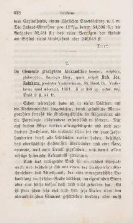 638-651 [Rezension] Reinkens, Joseph Hubert, De Clemente presbytero Alexandrino theologo dissertatio