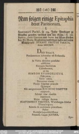 Nun folgen einige Epitaphia derer Paritiorum.