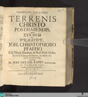 Dissertatio Theologica De Terrenis Christo Posthabendis