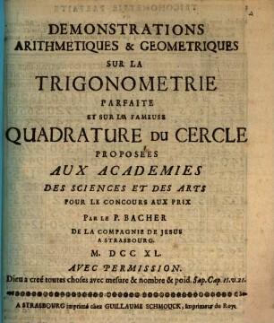 Demonstrations Arithmethiques & Geometriques Sur La Trigonometrie Parfaite Et Sur La Fameuse Quadrature Du Cercle