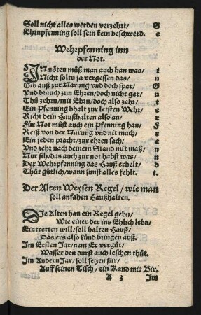 Der Alten Weysen Regel/ wie man || soll anfahen Haußhalten. ||