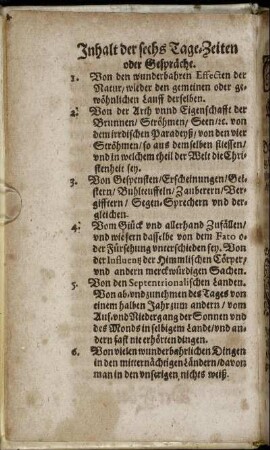 Inhalt der sechs Tage-Zeiten oder Gespräche.