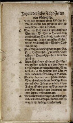 Inhalt der sechs Tage-Zeiten oder Gespräche.