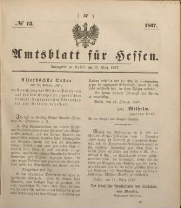 № 13. Ausgegeben zu Cassel am 13. März 1867.