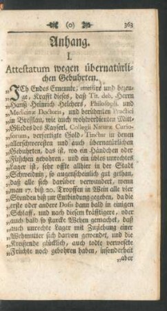 I. Attestatum wegen übernatürlichen Gebuhrten