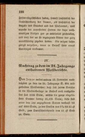 IV. Nachtrag zu dem im 21. Jahrgange enthaltenen Wollberichte