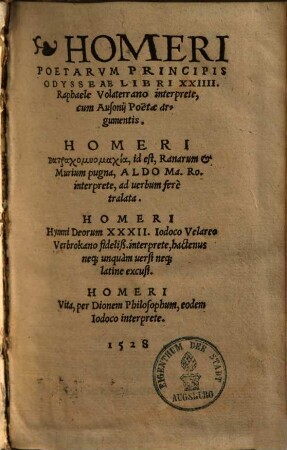 Homeri poetarum principis, cum Iliados, tum Odysseae libri XLVIII.