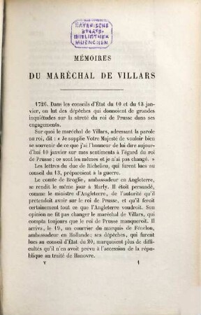 Mémoires du Maréchal de Villars publiés d'après le manuscrit original pour la société de l'histoire de France et accompagnés de correspondances inédites par M. le Mis de Vogüé, 5