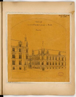 Wohnhausgruppe, Halle/Saale Monatskonkurrenz August 1882: Perspektivische Ansicht beider Ecken