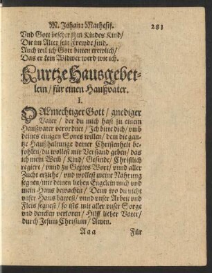 Kurtze Hausgebetlein/ für einen Haußvater.