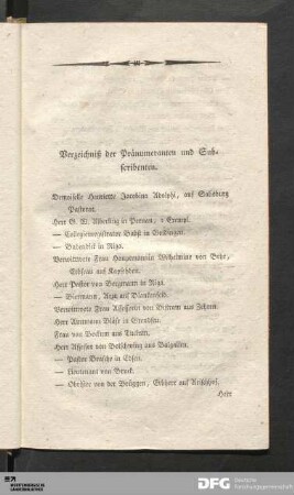 Verzeichniß der Pränumeranten und Subscribenten.