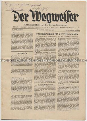 Monatszeitschrift des Sozialministeriums Nordrhein-Westfalen „Der Wegweiser“ mit Titel zum Sechsjahresplan für Vertriebenenhilfe