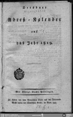 1819: Dresdner Adress-Kalender : auf d. Jahr ...