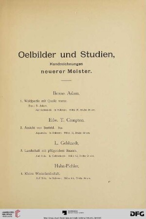 Ölbilder und Studien, Handzeichnungen neuerer Meister (Nr. 1-278)