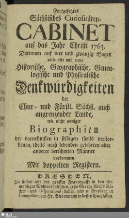 1763: Fortgesetzte alte und neue Curiosa Saxonica