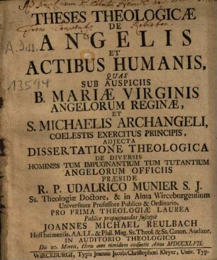 Theses Theologicae De Angelis Et Actibus Humanis