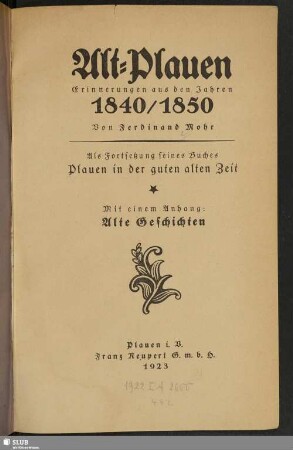 Alt-Plauen : Erinnerungen aus den Jahren 1840/1850