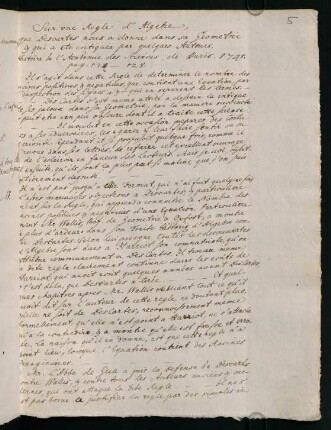 5r-5v, Sur une regle d'Algebre que Descartes nous a donnée dans sa Géométrie (1741)