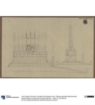 Graudenz (Grudziądz), ehem. Regierungsbezirk Marienwerder (Województwo Kujawsko-Pomorskie). Alternativen zum Denkmal für Wilhelm de Courbière in Form eines Rundturm-Sockels mit Waffenkranz und eines Obelisken