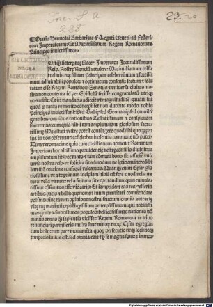 Oratio ad Fridericum III. imperatorem et Maximilianum I. regem Romanorum. Brügge, 1486.08.03 : mit Brief des Autors an Johannes Carondeletus, Brügge 4.8.1486