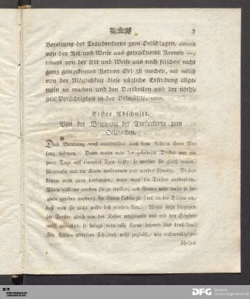 Erster Abschnitt. Von der Bereitung der Tresterkerne zum Oelmachen.