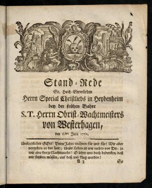 1-30, Stand-Rede... bey der frühen Bahre S. T. Herrn Obrist-Wachtmeisters von Westerhagen, ...