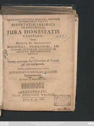 Disputatio Iuridica Inauguralis, Iura Honestatis Exhibens