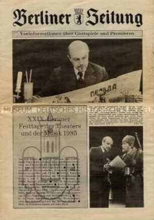 Sonderdruck der "Berliner Zeitung" zu den XXIX. Berliner Festtagen 1985