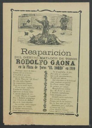 Reaparición del diestro matador de toros Rodolfo Gaona en la Plaza de Toros "El Toreo" en 1910